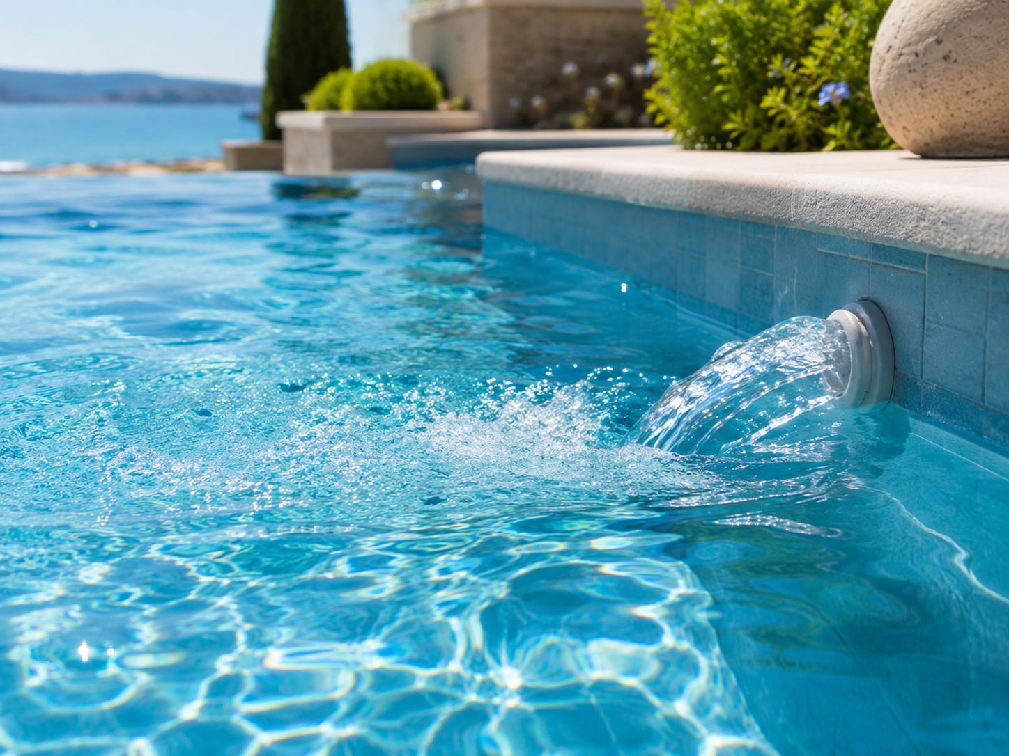 Buse de refoulement en fonctionnement dans une piscine claire